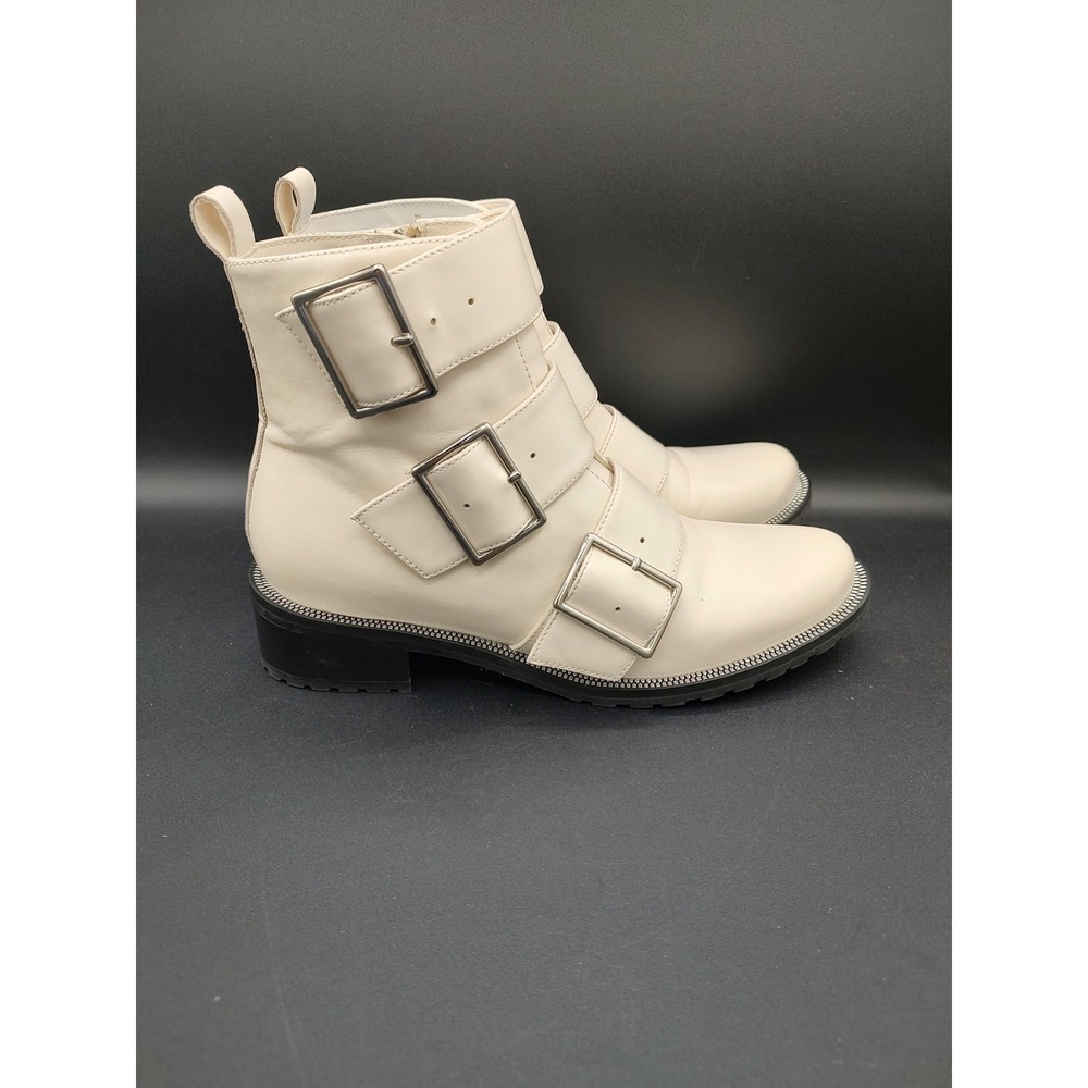 Blondo Waterproof Leather Moto Boots Off White Triple Buckle Lug Sole Size 7.5 M